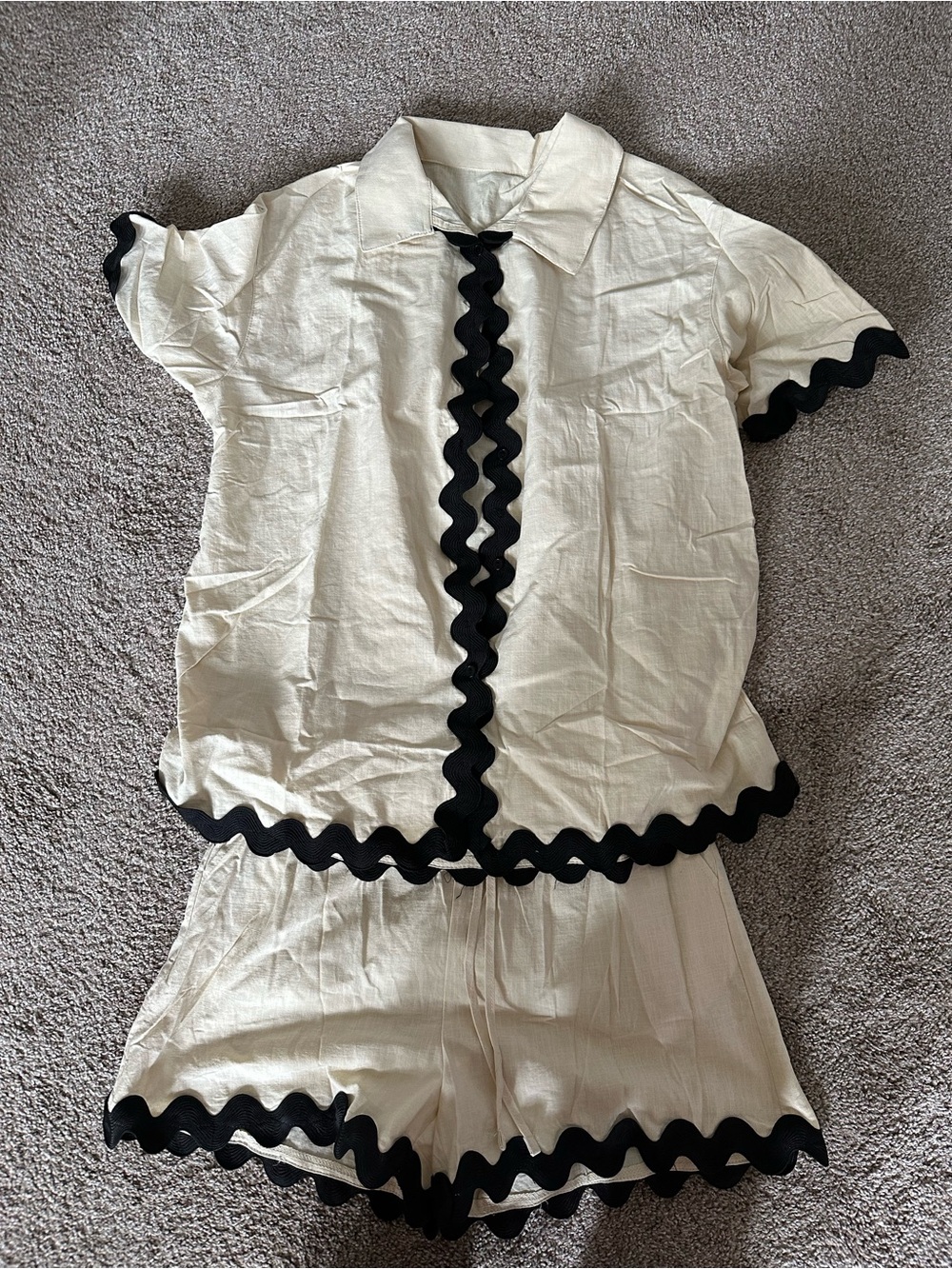Cream Two-Piece Set with Black Scallop Trim